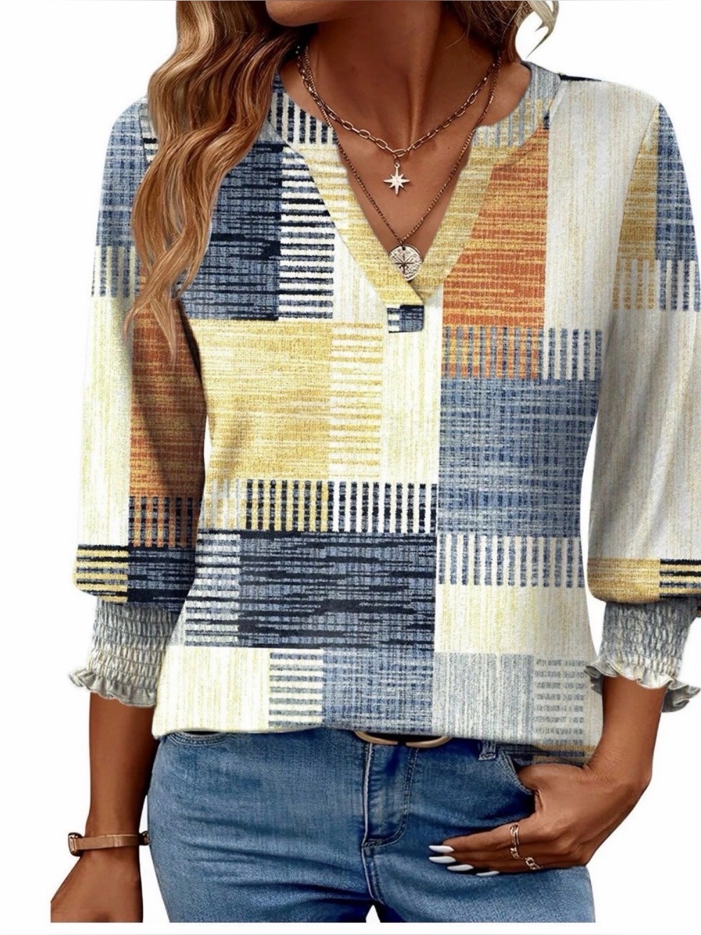 Fantaslook Women’s Large Geometric Patchwork V Neck 3/4 Sleeve Blouse NWT